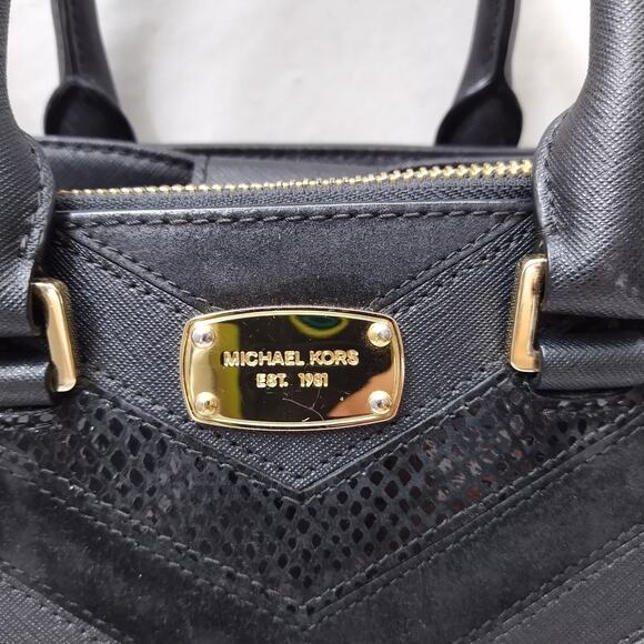 Michael Kors Black Leather Chevron Double Handles Satchel Shoulder Bag - Picture 5 of 16
